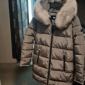 DKNY Women's Faux Fur Hood Long Down Puffer Coat